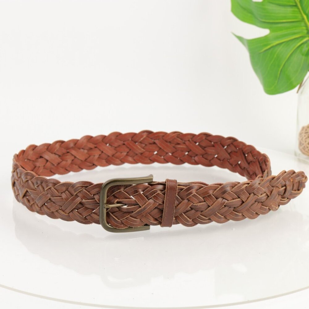 Gap Womens Belt Size Large L Woven Brown‎ Leather Buckle Boho Chic Rustic